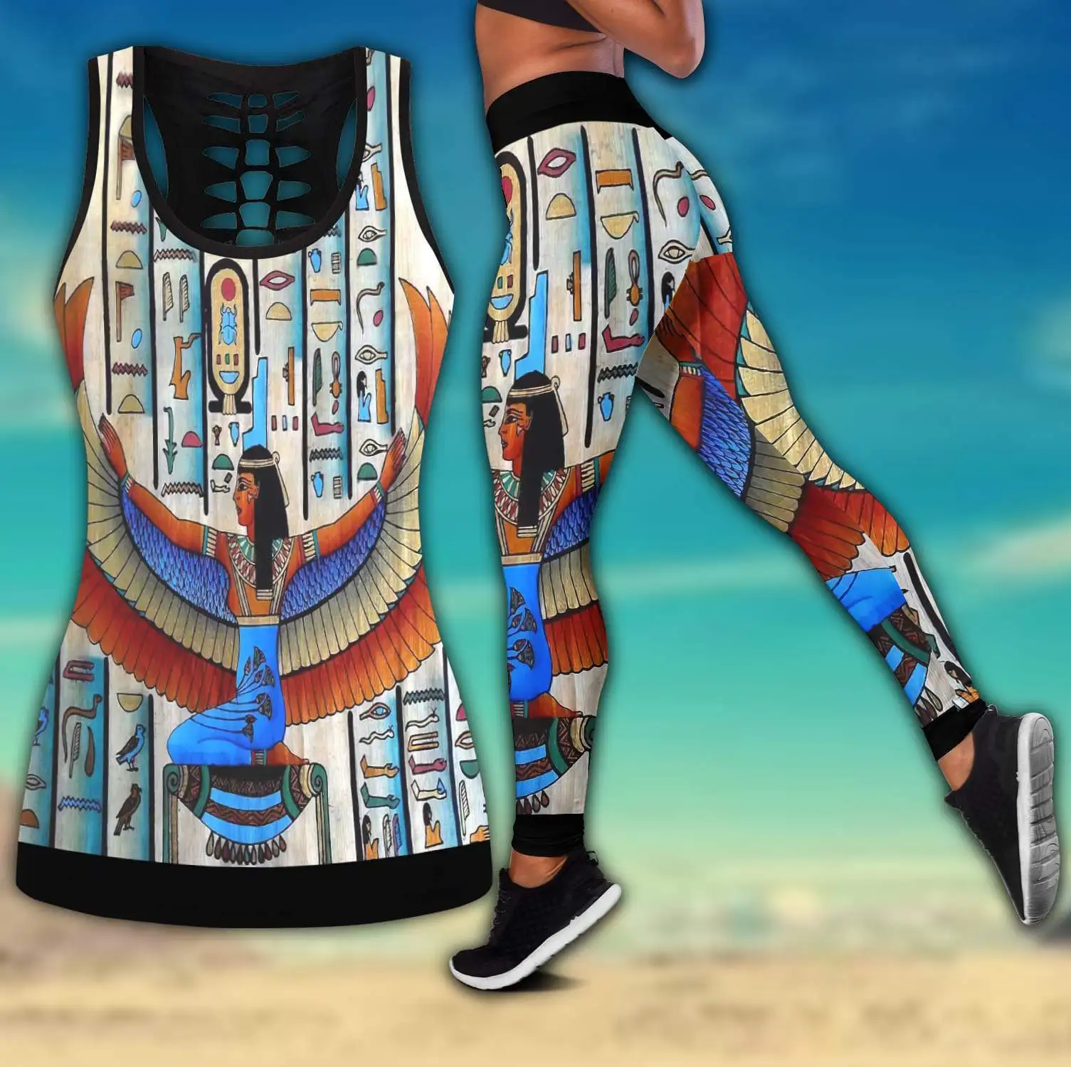 Egyptian Ancient Queen Pattern 3D Printed Hollow Tank Top & Leggings Set Fitness Female Full Length Leggings Yoga Pants LKB-34