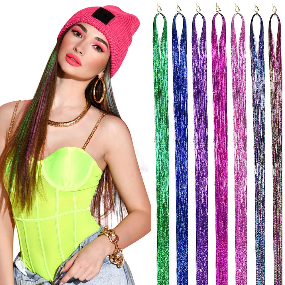 

Shiny Sparkle Hair Tinsel 120Pcs/Lot 110cm Thin Colorful Rainbow Silk HairExtensions Dazzles Women Hippie For Braiding Headdress