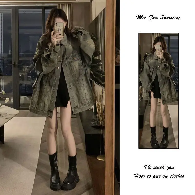 

Denim Coat Turtleneck Single Breasted Full Womens Autumn Down Button-Up High-End Beaded Temperament Sashes Professional Jackets