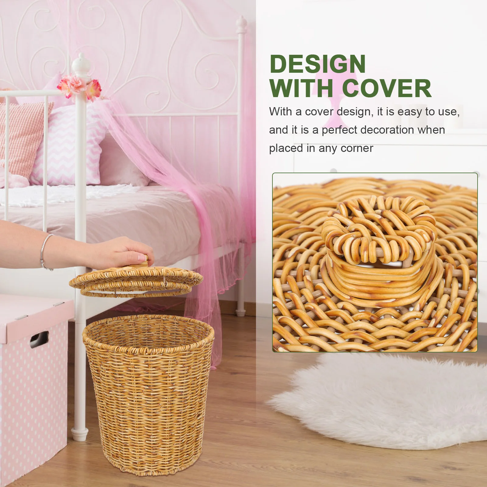 

Imitation Rattan Woven Storage Basket Round Household Basket For Bedroom Living Room Bathroom Kitchen Laundry Decorative