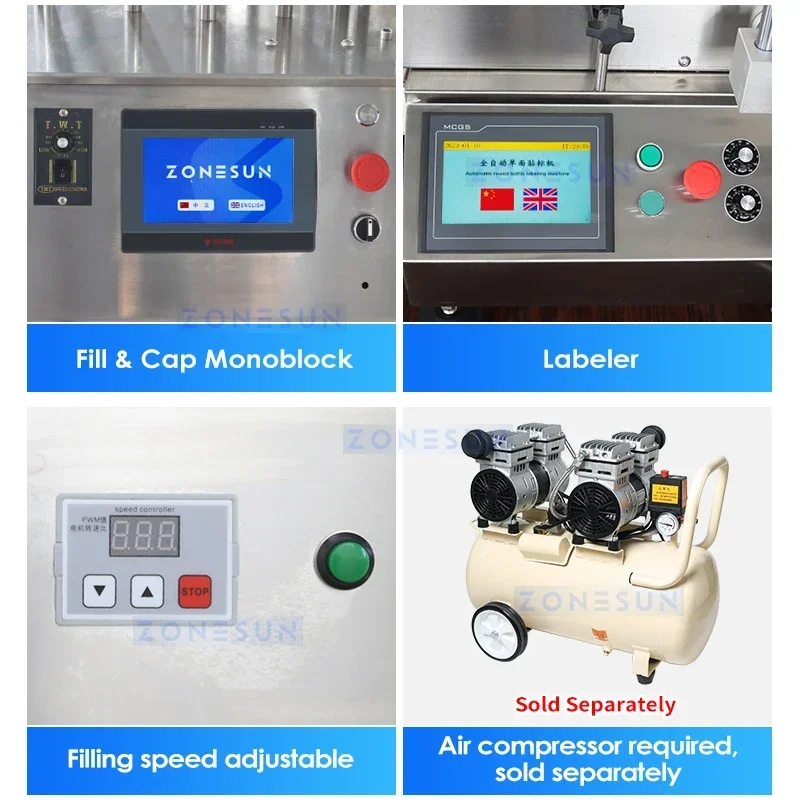 ZONESUN Macchina automatica per il riempimento e il tappatura delle bottiglie Etichettatrice monoblocca Linea integrata Bottiglie paffute Gorilla ZS-AFCL2