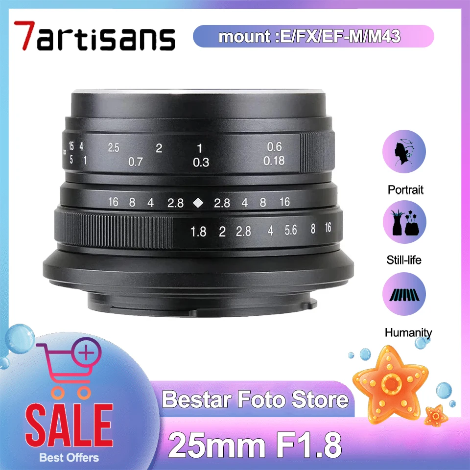 

7artisans APS-C 25mm F1.8 Large Aperture Prime Lens for Portrait Still-life Photography for Sony A6000 Fuji X-T1 Canon M5