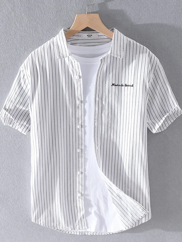 

Summer 2023 Men's Casual Cotton irt Stripe f Sve Faionable Loose Fit Soft Luster Thin Material Daily Wear