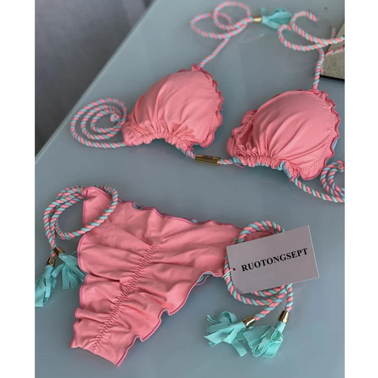 

Handmade Woven Bikini 2023 European And American New Sexy Women's Swimwear Solid Bikini Split Swimwear