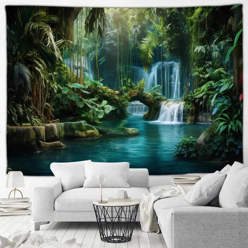 

Tropical Jungle Waterfall Landscape Tapestry Green Plants Nature Forest Tapestries Home Living Room Decor Garden Wall Hanging