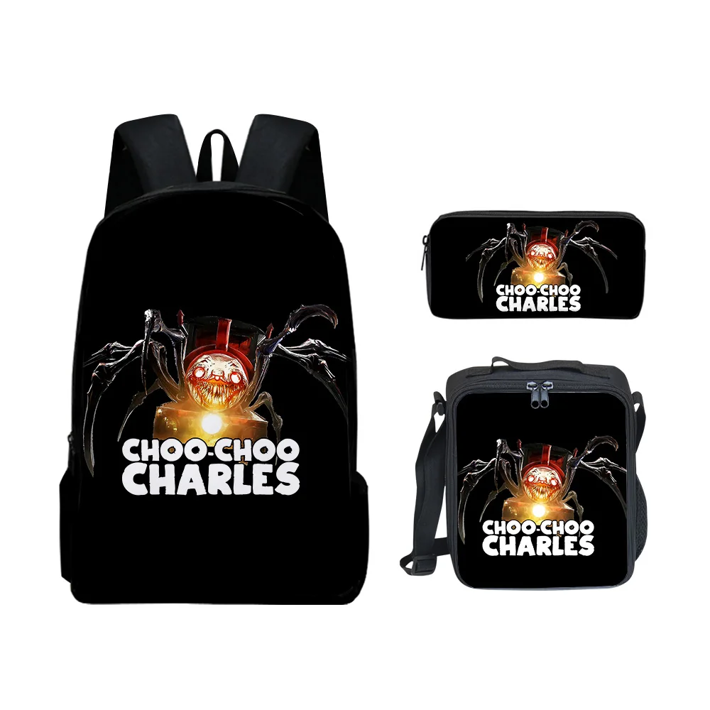 Hip Hop juvenil Choo-Choo Charles impresión 3D 3 unids/set bolsas de viaje para estudiantes mochila para ordenador portátil bolsa de almuerzo estuche para lápices