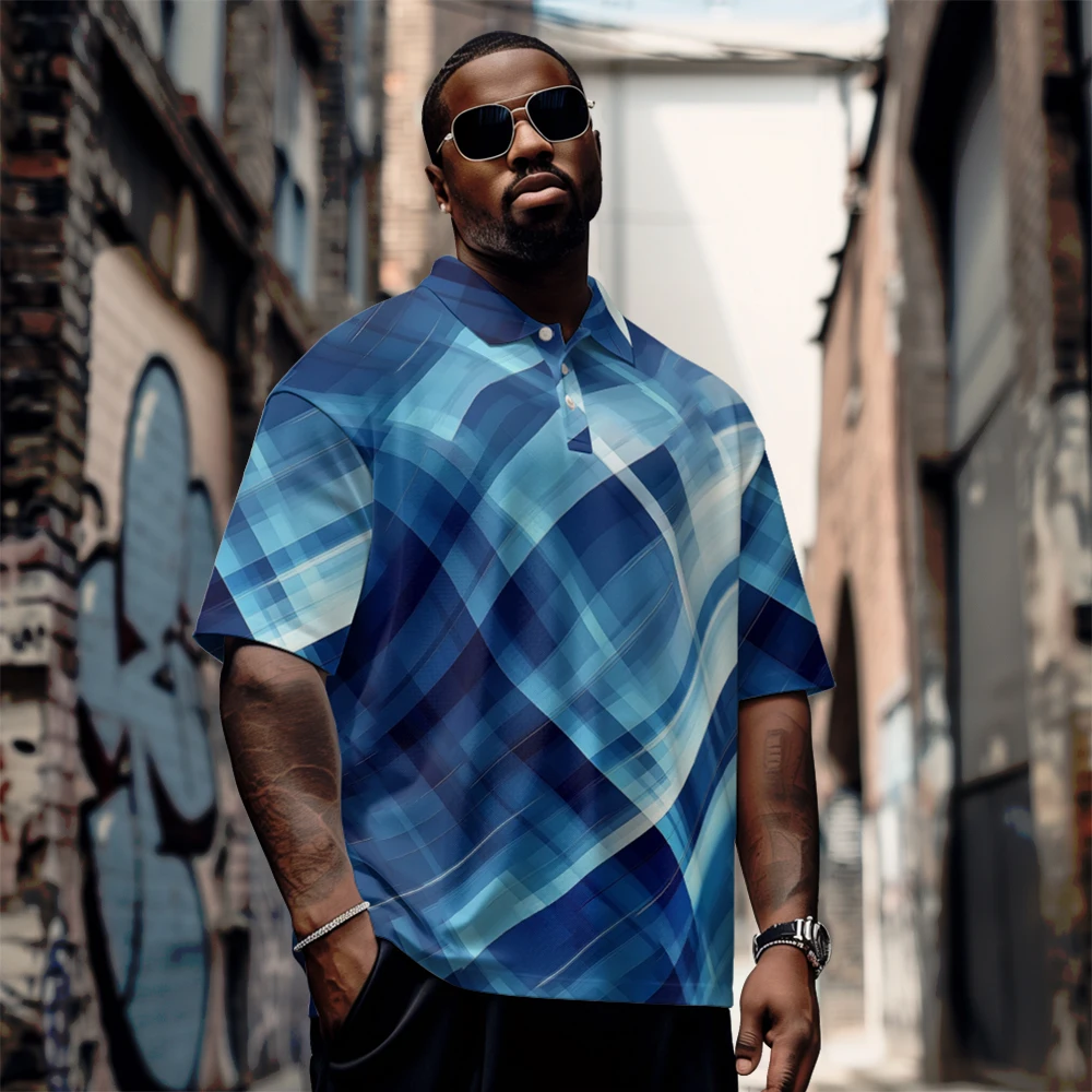 

Large men's summer short sleeved lapel Blue Twill twill checkered short sleeve shirt Daily casual button polo shirt