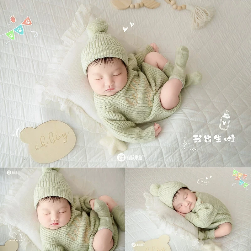 Newborn Photography Props Cute Handmade Knitted Outfit Set with Hat Decorations Ins Backdrop Accessories for Photoshoot Decors