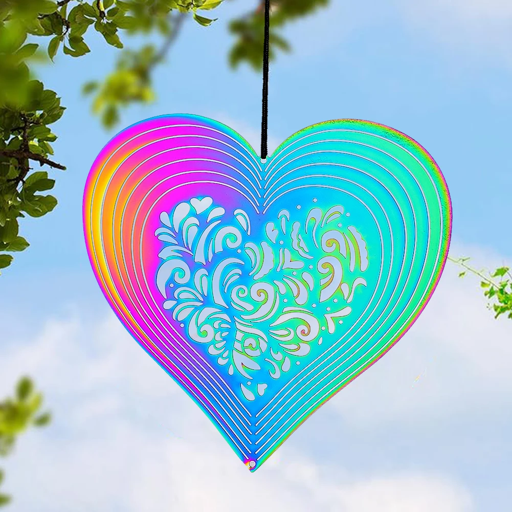 Gradient Seven Color 3D Three-dimensional Wind Chimes Heart-shaped Wind Spinning Hollow Hanging Pendant Mobile Garden Ornaments