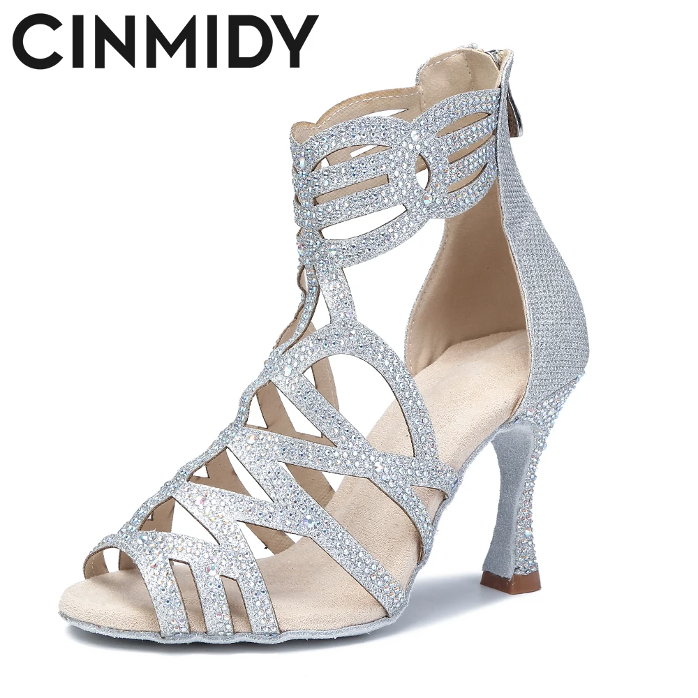 

CINMIDY Women's Latin Dance Shoes Fashion Party Professional Ballroom Dance Boots Salsa Tango Shoes Ladies Wedding Shoes Silver