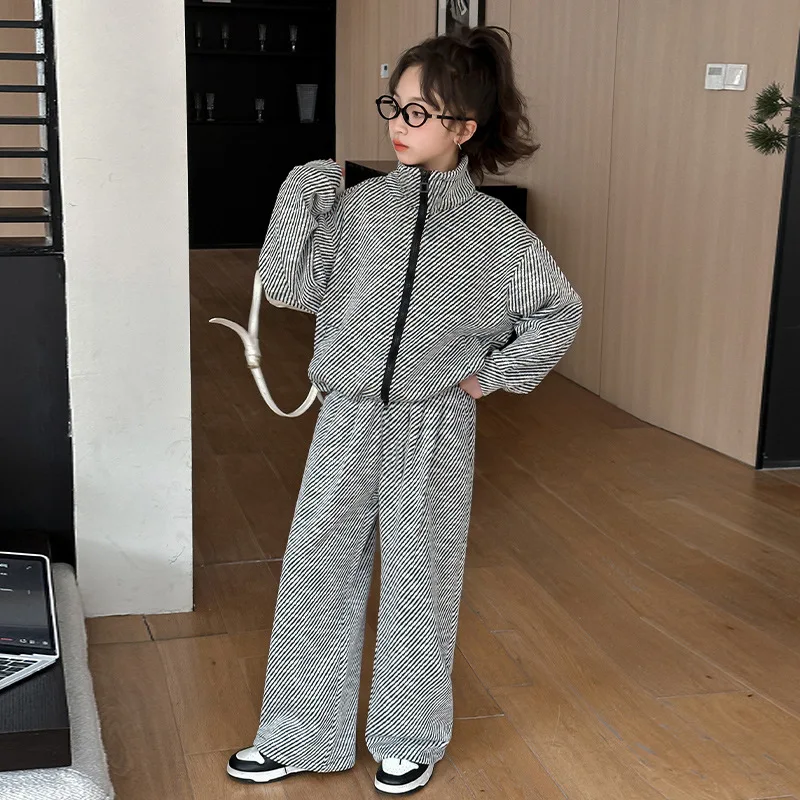 

Spring Autumn Girls Cotton Striped Plain Full Zipper Sweat Jackets+Pant Sets School Kids 2PCS Tracksuit Children Outfits 5-16Yr