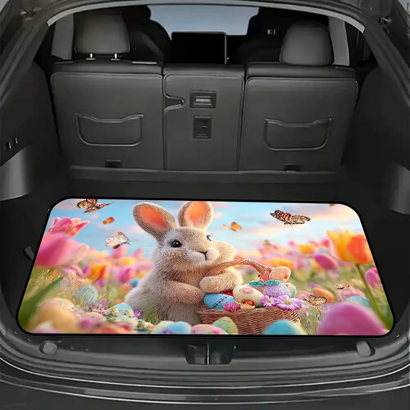 1pc Stylish Car Trunk Mat WithCheerful Fluffy Brown Easter Bunny With Large Pinkish-Orange Ears In Vibrant Tulip Field, Holding