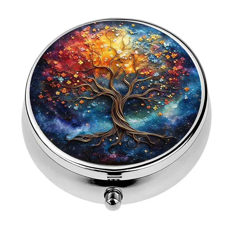 1 travel portable pill box with 3 compartments, Tree of Life theme, travel or wallet pill box, metal mini pill organizer, unique gift for travel, daily medication manager, stylish pill container, compact pill box, durable metal casing, travel-friendly pill box, for medication users, health-conscious individuals