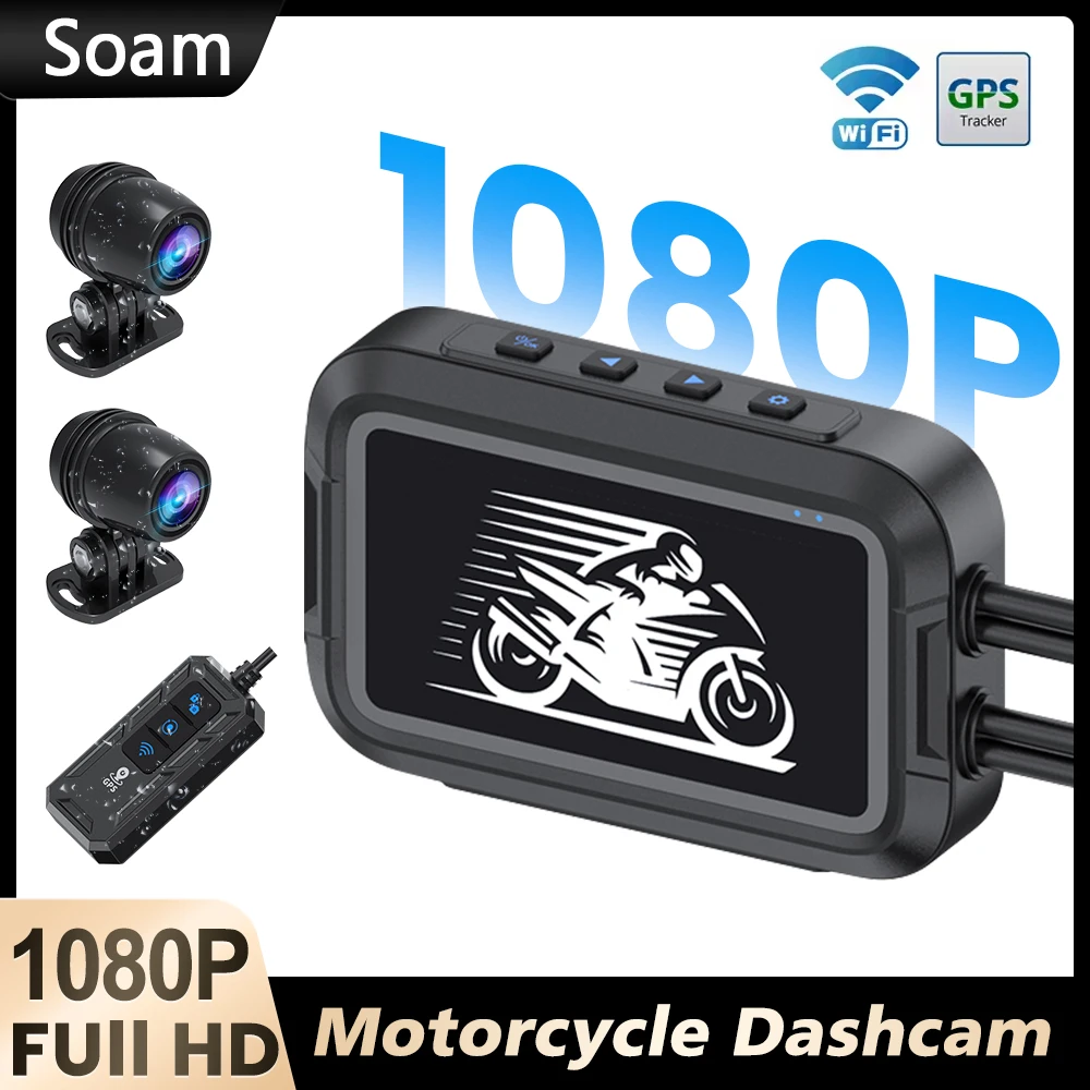 Soam V9 No Screen Motorcycle 1080P Dash Cam Front and Rear, Full Body IP67 Waterproof, GPS Wi-Fi, 140°, Night Vision, Parking Mo