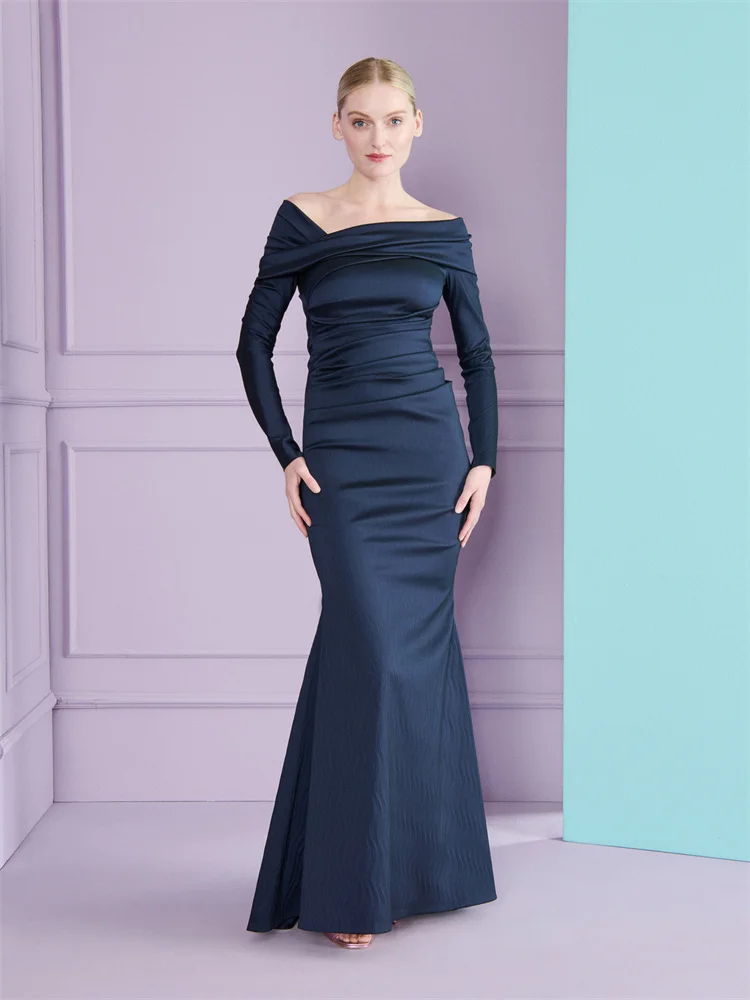 

Customized Asymmetrical Neckline Long Sleeves Satin Mermaid Evening Dress Elegant Open Back Zipper Floor Length Gown For Women