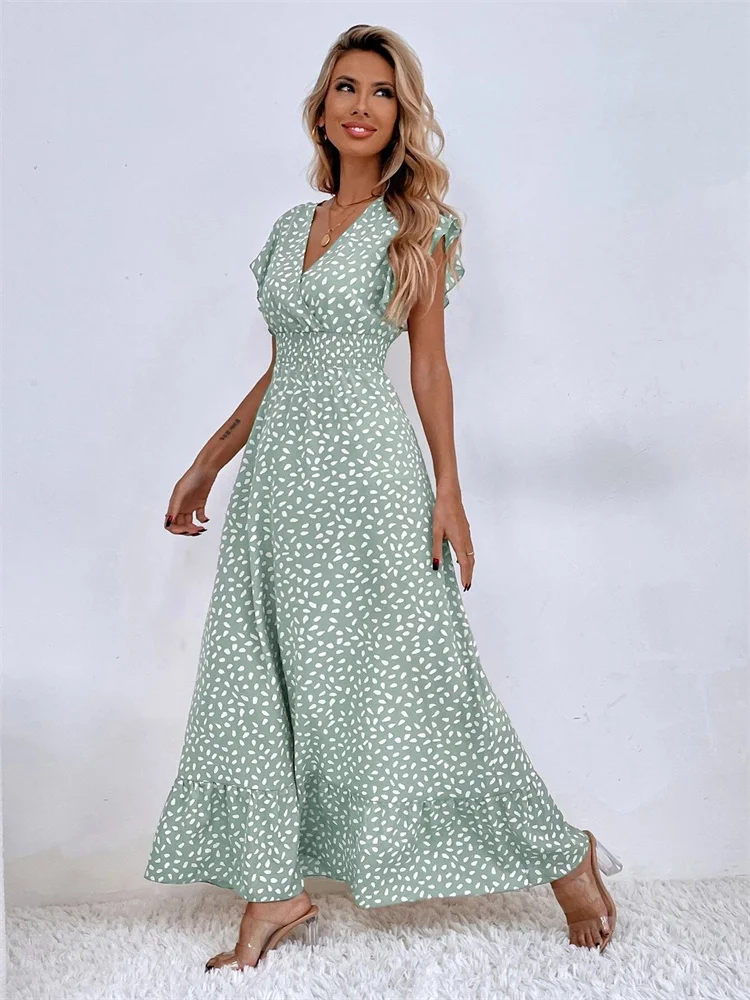 Msfilia V-neck Lotus Leaf Edge Elegant Dress Women Spring Summer Printed Long Dress