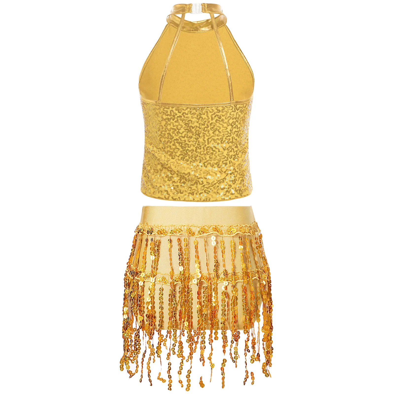 Menina trajes de dança jazz criança lantejoulas hip hop palco dança meninas moderno salão de baile cheerleading topo colheita com saia metálica 2 pçs