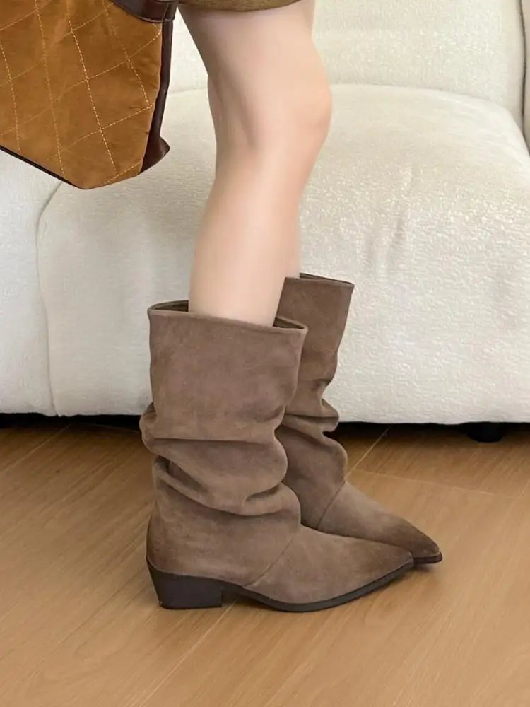 Concise Female Genuine Leather Pointed Toe Chunky Heel Ankle Boots Versatile Solid Color Cowhide Slip On Hard Wearing Footwear