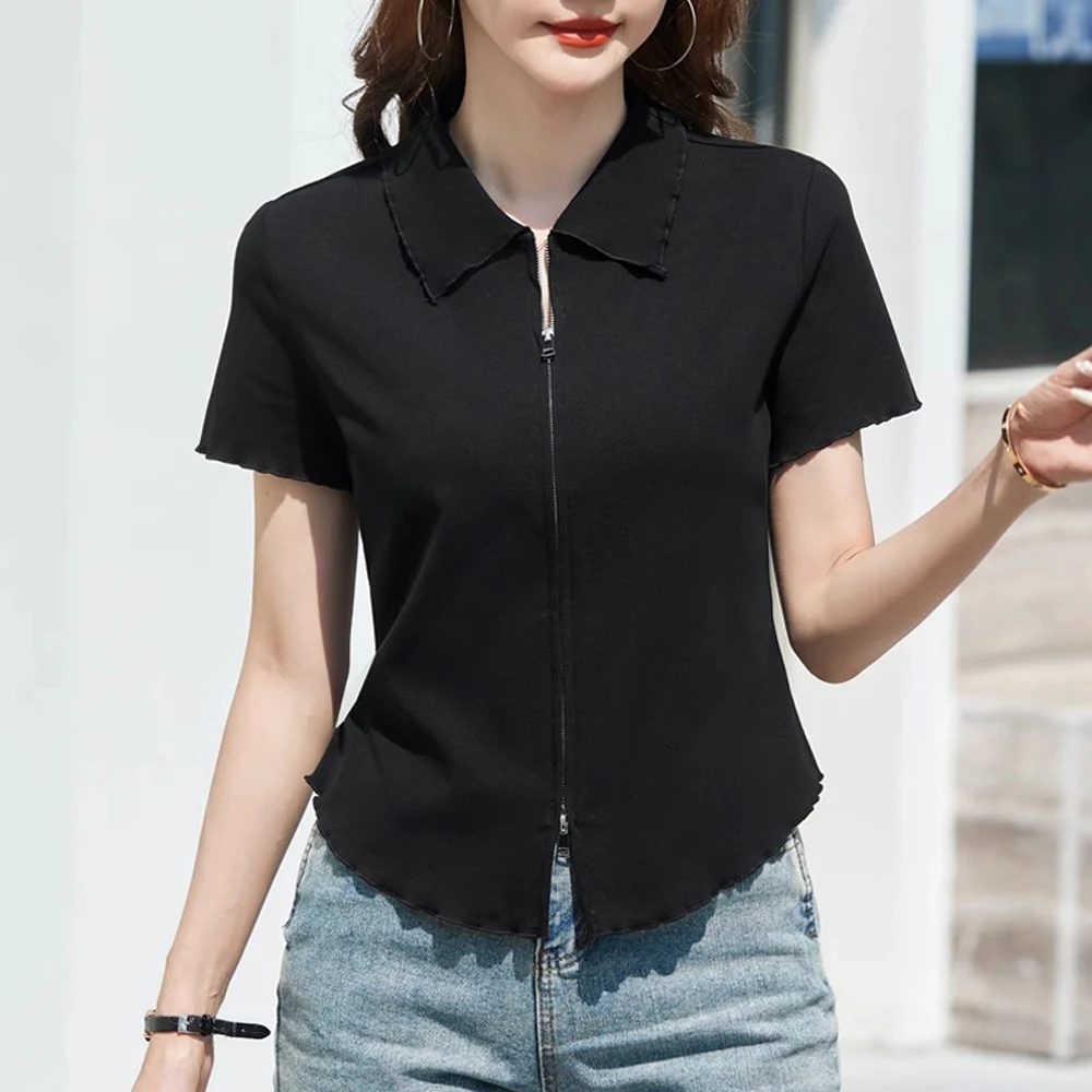 Korean version pink short sleeved t-shirt for women's summer new high-end cotton curved hem slim fit zipper lapel casual top - view 3