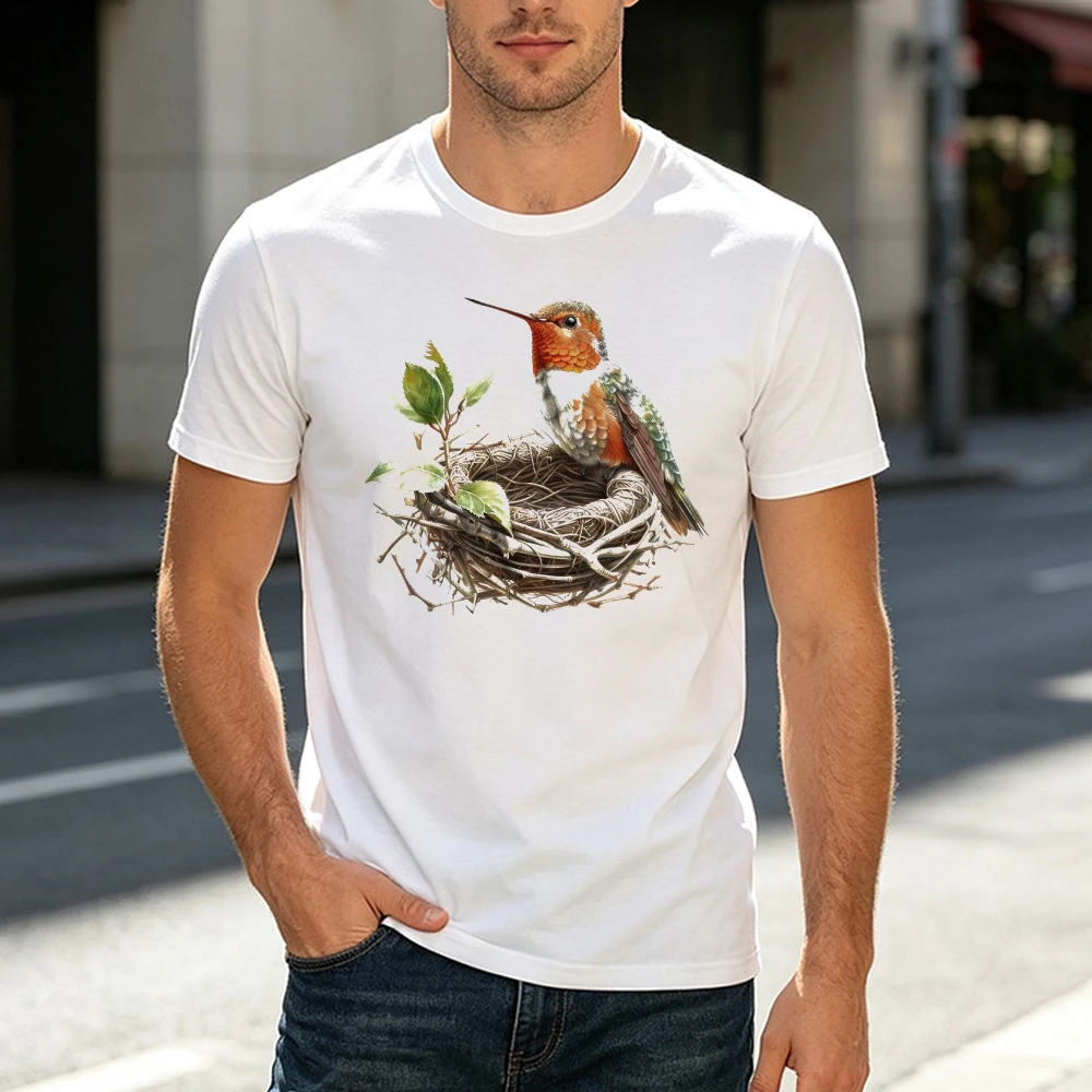 Realistic Hummingbird Nest With Green Leaves Print Men Crewneck T Shirt Nature Lover Botanical Animal Wildlife Art Tee