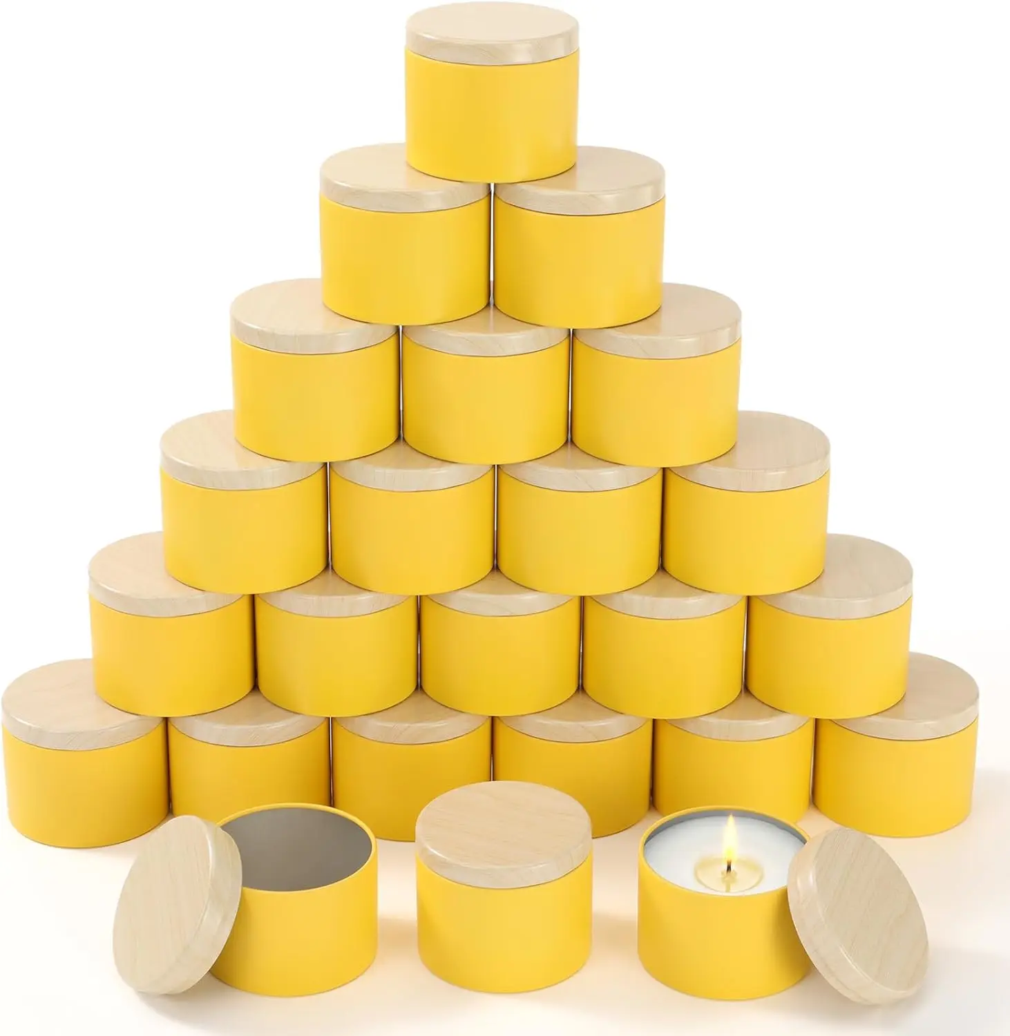 

36 шт. желтых банок для свечей объемом 4 унции, оптовые жестяные контейнеры для свечей, маленькие пустые емкости с металлическими крышками с принтом под дерево для изготовления свечей своими руками