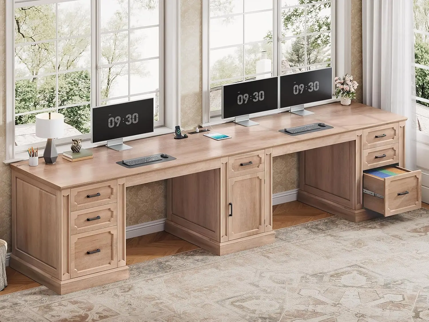 

Farmhouse 110.3" Two Person Desk with 7 Drawers, Long Computer Desk with Storage Cabinet, 2 Person Desk with Power, Customized