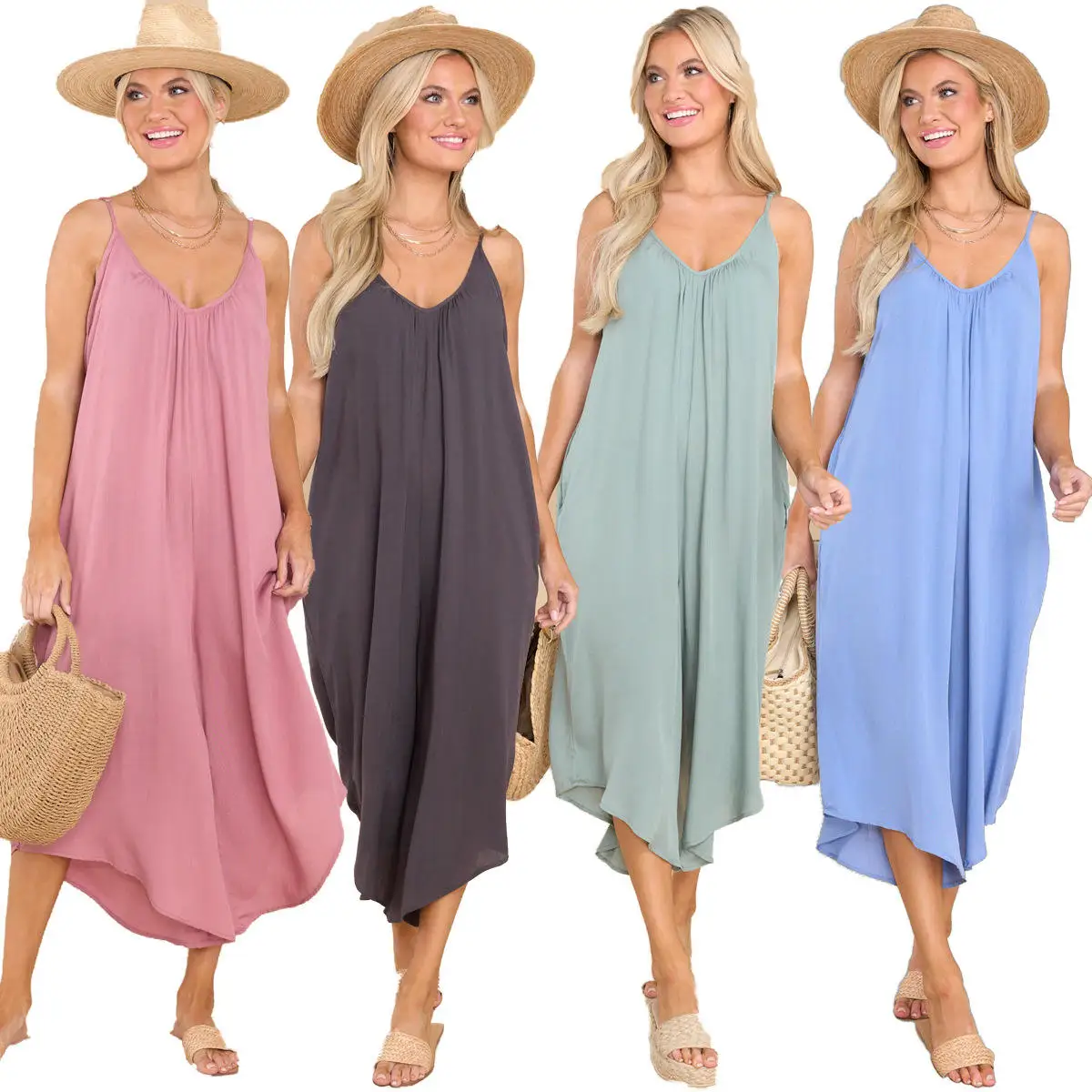 

Loose Wide Leg Jumpsuit Pure Color Country Home Style Summer 2023 Women's One-Piece Suiting Comfortable Casual Romper