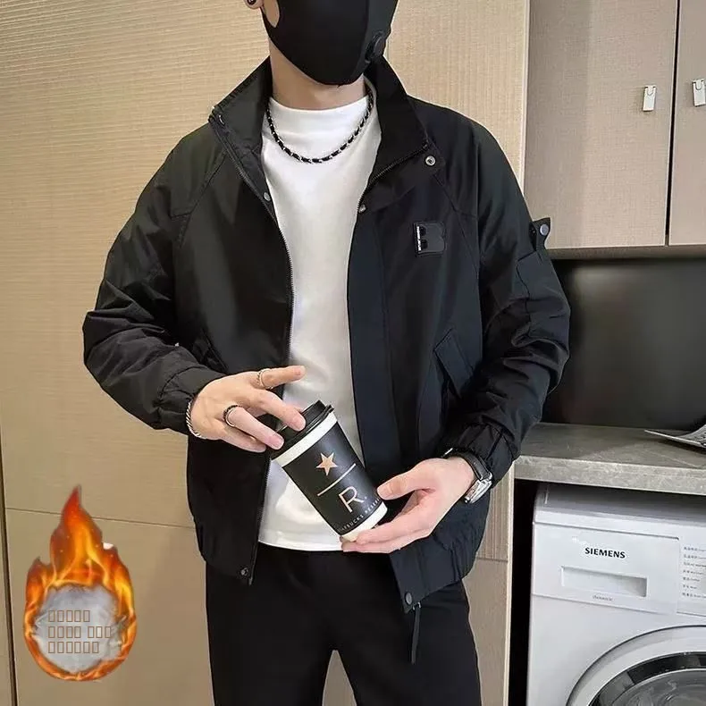 

Faionable Cotton-Padded Stand Collar Jaet Men's Sli Trendy Workwear Outerwear Casual Long Sve Zipper Closure Coat