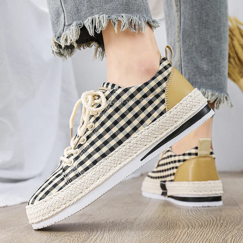 Hot Sale Gingham Men's Canvas Sneakers Fashion Casual Green Sneakers Men Trendy Lightweight Breathable Skateboard Shoes For Men