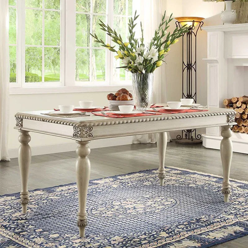 

European-Style American-Style Solid Wood Carved White Distressed Roman Column Long Dining Table Dining Room Vintage Furniture