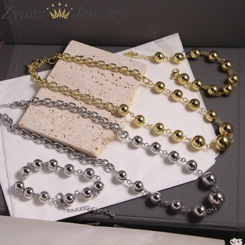 

3 Sets, New Fashion Gold Silver Color Copper Chain Beads Necklace Bracelet Sets Statement Ladies Chokers