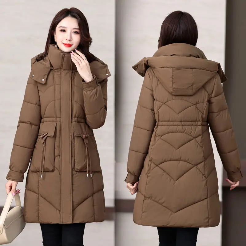 Parkas Women Winter Jacket Coat New Solid Hooded Mid Long Thick Warm Down Cotton Jacket Female Outerwear Cotton Padded Coat 3
