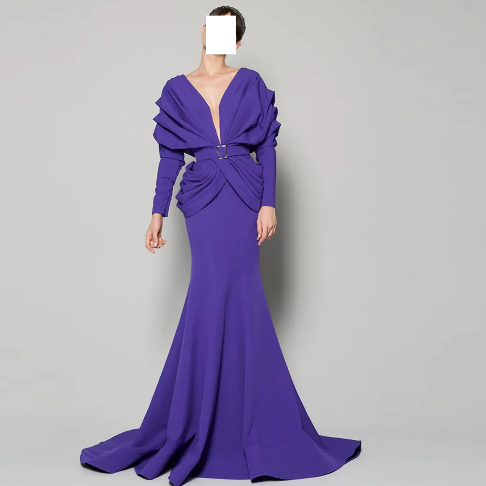 

Straight Elegant Party Dresses Woman V Neck Jersey Long Sleeves Pleats Court Train Sahes Solid Purple Special Occasion Gowns