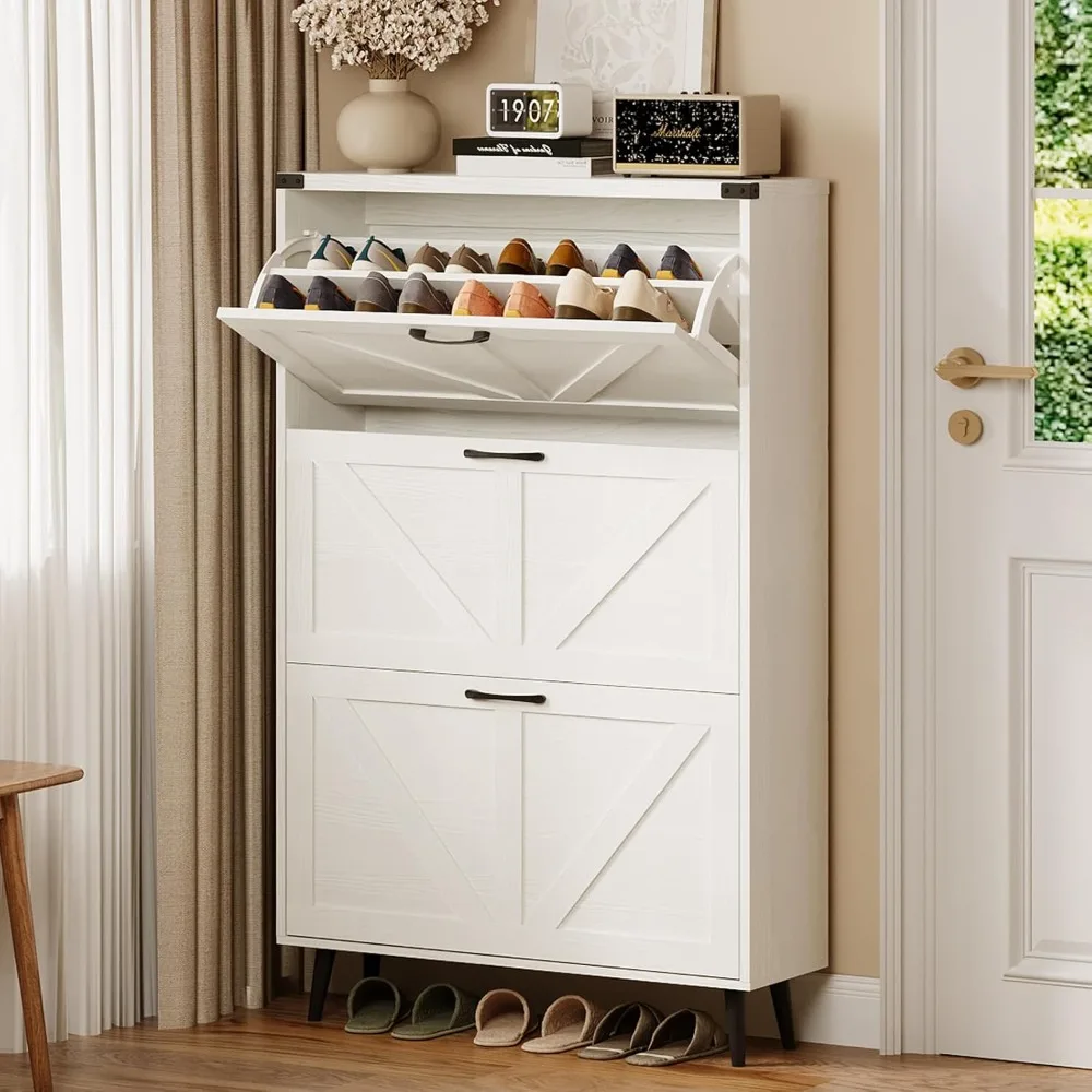 

Shoe cabinet with 3 flip drawers, farmhouse shoe cabinet with entrance legs, narrow and thin independent shelf cabinet