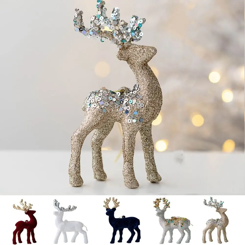 Cute White Simulation Glittering Reindeer Small Hanging Christmas Elk Decorations Decorative Xmas Tree Pendant Party