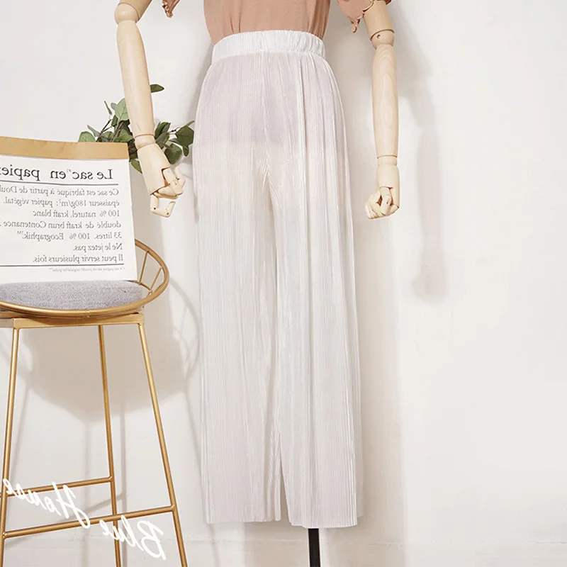 Women Style Silk Chiffon Nine-point Pants Casual Loose Trousers Solid Color Elastic Waist Bright Pleated Wide-leg Chic Pants