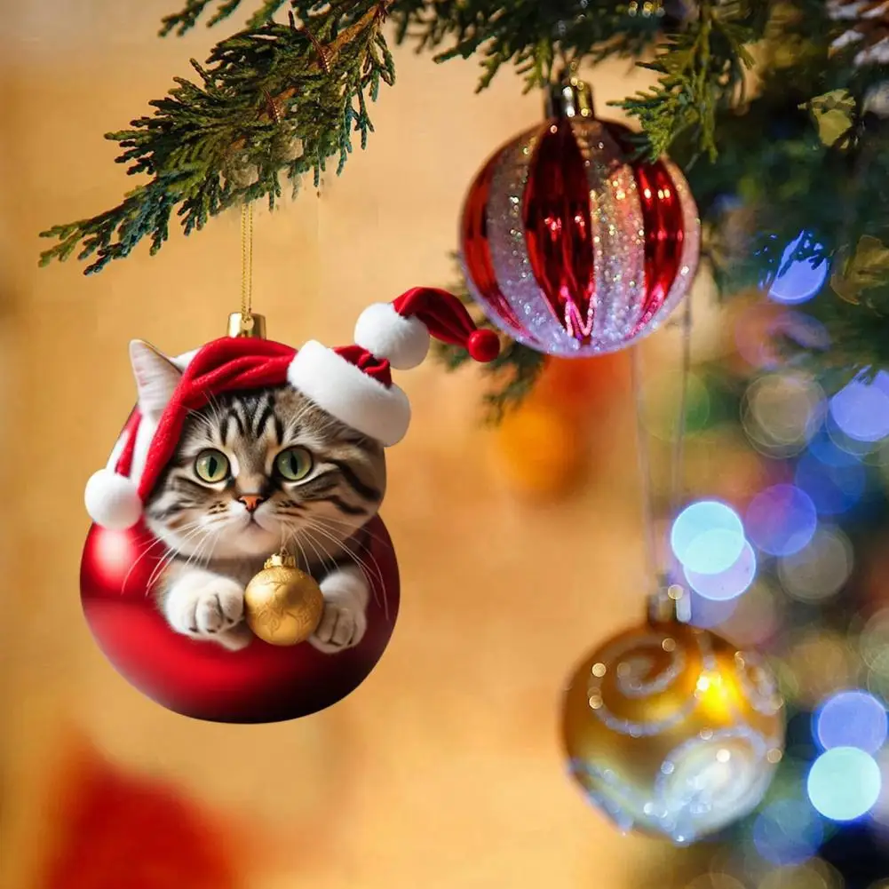 Christmas Cat Ornament Acrylic Cats With Santa Hat Pendant Cute Cartoon Cats Ball Ornament 2D Flat Kitty Xmas Tree Hanging Decor