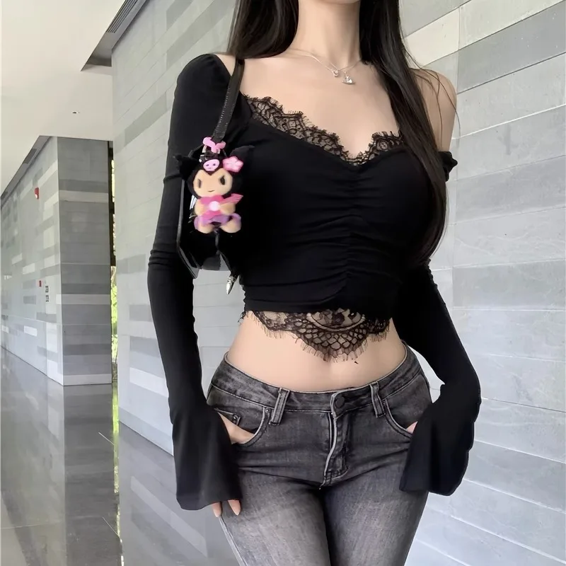 Sexy Crop Tops Women Y2k Clothes Long Sleeve Lace Mesh T-shirt Tight Neckline Luxury V-neck Tops Black White New