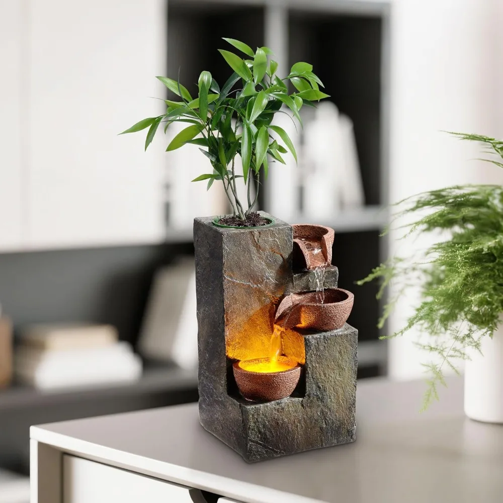 نافورة شلال صخرية من 3 طبقات مع ضوء LED دافئ وعاء زراعة DIY - ديكور مكتب مريح #2