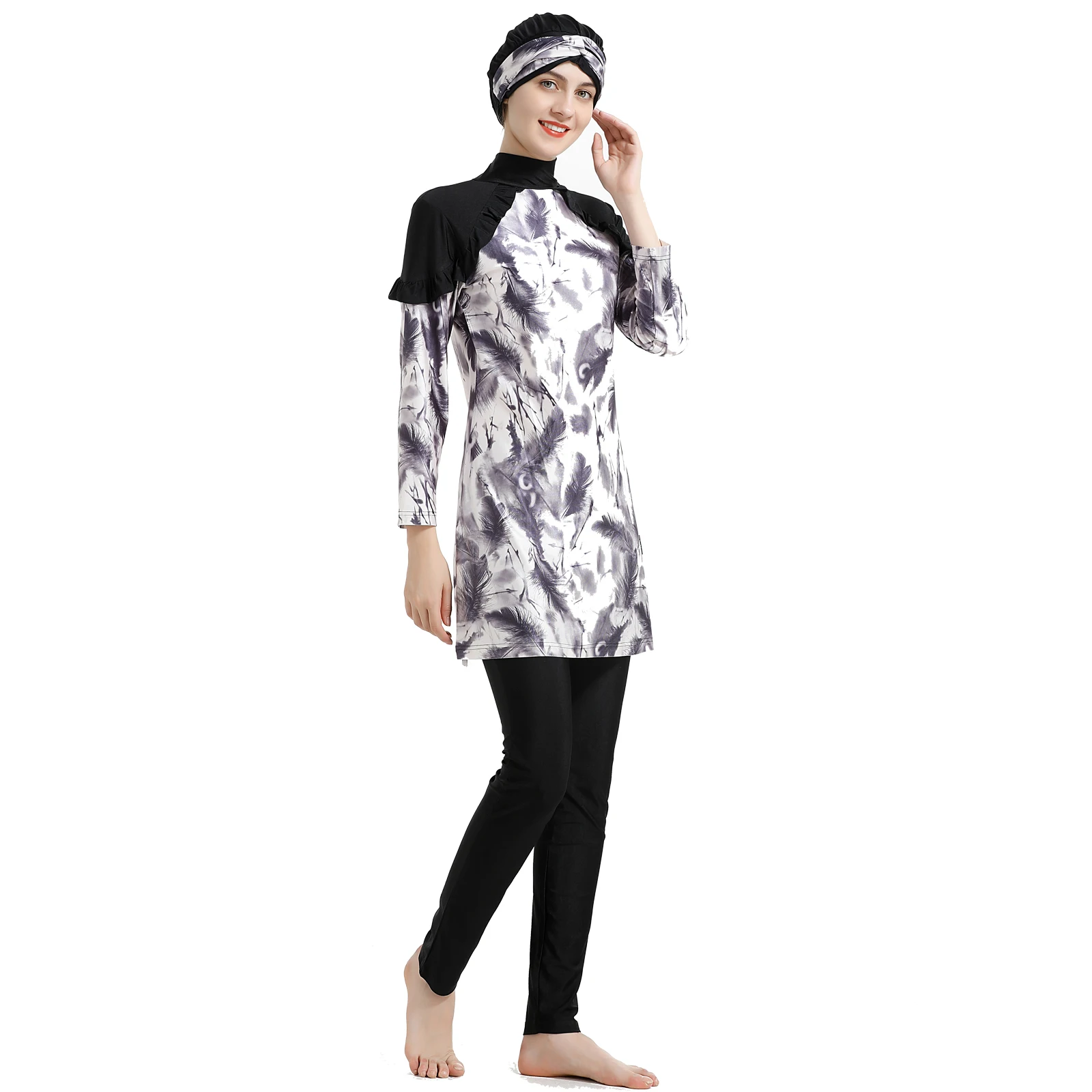 Beach Wear Sunscreen Diving Suit with Hijab, Fluid Printed Swimsuit, Slim Fit, Muslim Swimwear, New Burkini, 3PCs, M-4XL