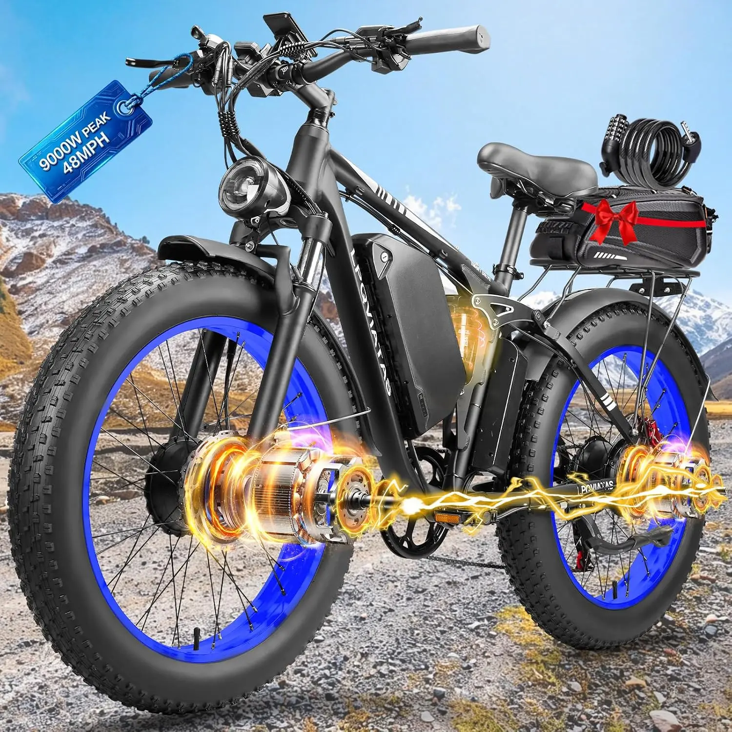 9000W Dual Motor Ebike 58V 34Ah 48MPH Full Suspension Dirt Hunting Electric Bike 24x4 Fat Tire Mountain Snow, Customized