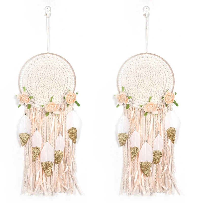 

Hot 2X Woven Flower Feathers Dreamcatcher Boho Macrame Hanging Dream Catcher DIY Wind Chimes Wall Art Wedding Decoration