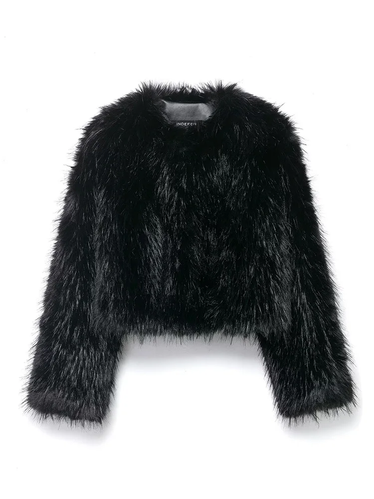 Hh mulheres inverno quente casacos curtos moda o-pescoço mangas compridas sólido casacos casuais mulher efeito de pele do falso casual streetwear topo