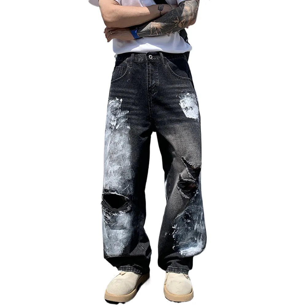 Men's High Street Destroyed Jeans Pants Streetwear Painted Ripped Denim Pants Loose Fit Vibe Style Hip Hop Jeans With Holes