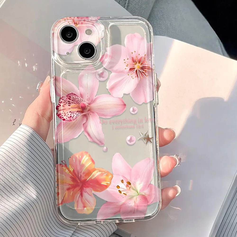 زهرة الزنبق الوردي آيفون 17 16 11 15 12 13 14 برو ماكس حافظة 17 الهواء 17 برو ماكس آيفون 11 آيفون 17 واضح الغطاء الخلفي الوفير فوندا