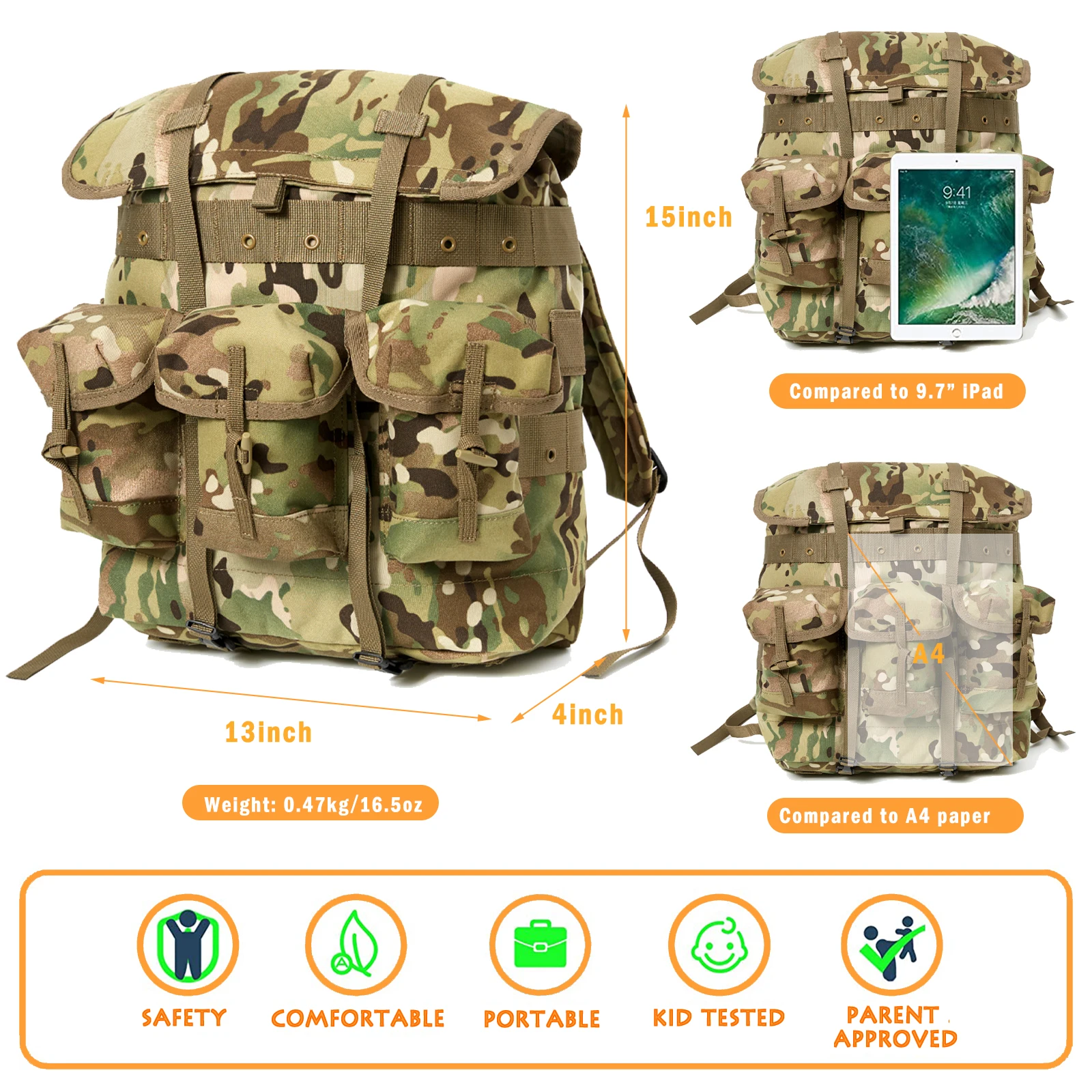 MT Mini Alice Pack for Kids, Military Army Style Children Rucksack ALICE Backpack Multicam / Olive Drab