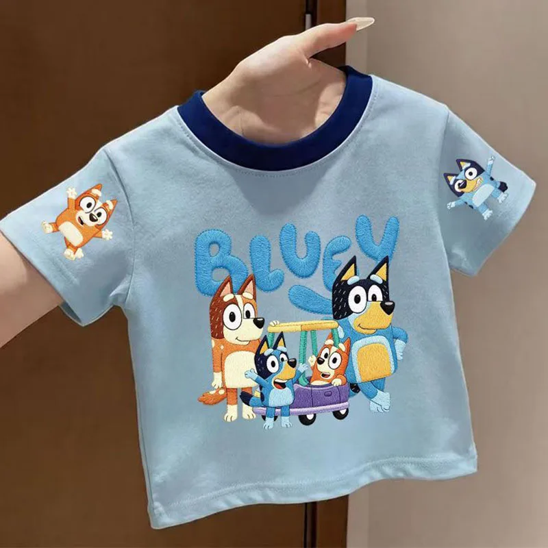 

Cute Bluey Summer Tshirt Kawaii Anime Cotton Color Block Short Sleeve Korean Fashion Versatile Casual Loose Cartoon Top Gifts