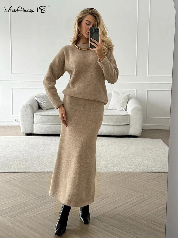 Mnealways18 Velvet Warm OL Women Skirts Sets Two Pieces Sweater Office Suits Autumn Winter 2024 O-Neck Sweater And A-Line Skirts