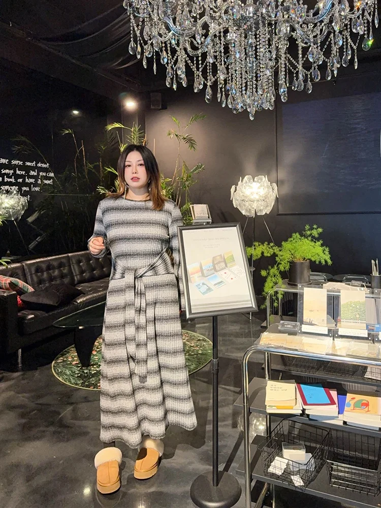 

Теплое вязаное платье Vogana оверсайз с поясом, скрывающее живот, в деконструированном эстетическом стиле, зимнее, корейский стиль, с высоким воротом