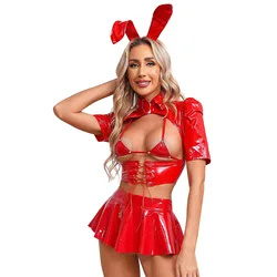 Womens Patent Leather Bunny Girl  Lace Up Top Triangle Bra Ruffle Mini Skirt Bunny Ear Headband Animal Sexy Cosplay Costume